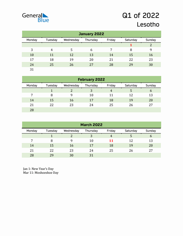 Quarterly Calendar 2022 with Lesotho Holidays