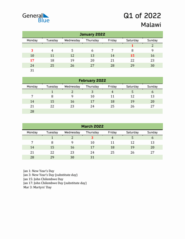 Quarterly Calendar 2022 with Malawi Holidays