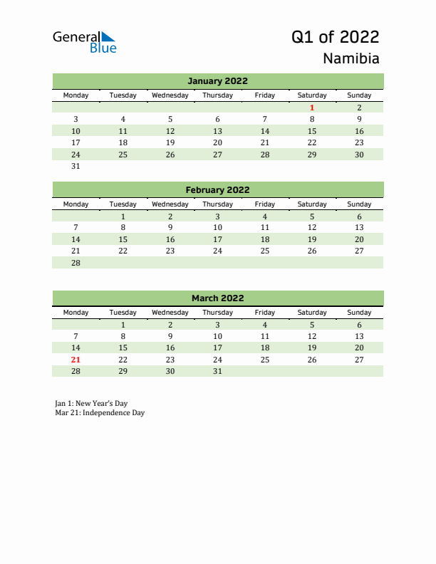 Quarterly Calendar 2022 with Namibia Holidays