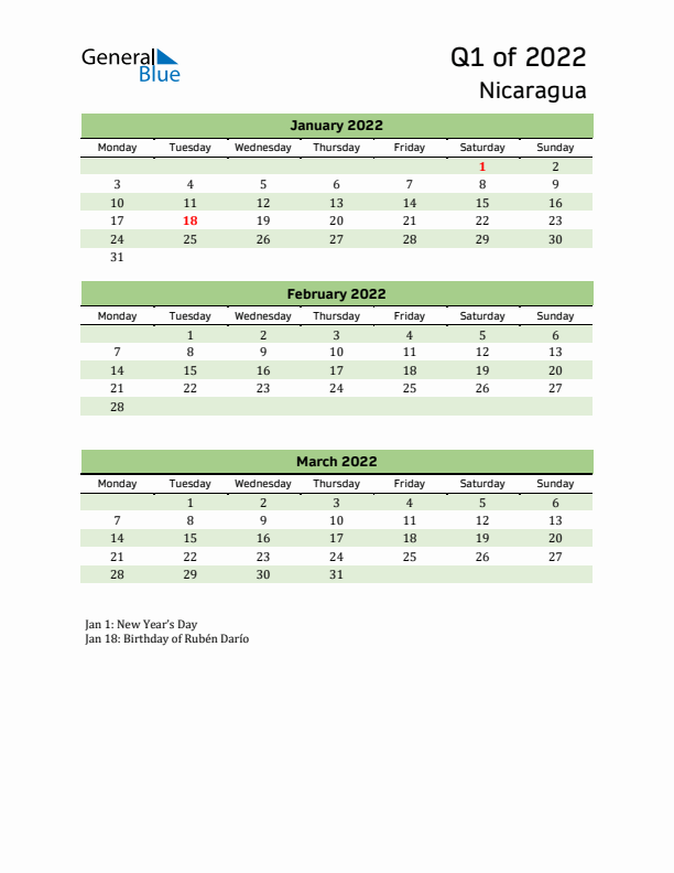 Quarterly Calendar 2022 with Nicaragua Holidays