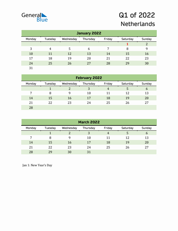 Quarterly Calendar 2022 with The Netherlands Holidays