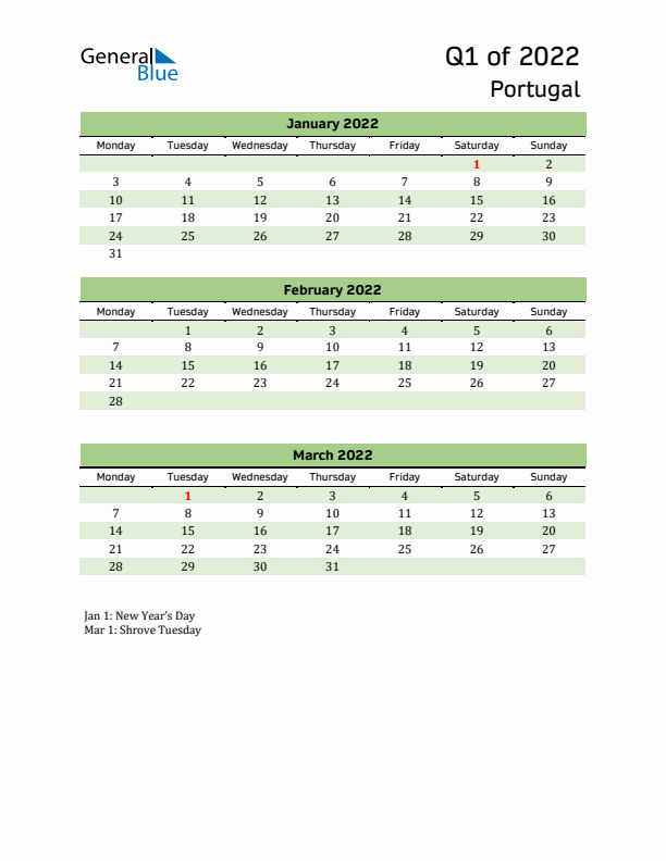 Quarterly Calendar 2022 with Portugal Holidays