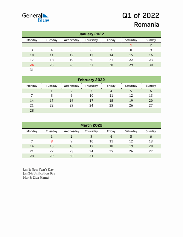 Quarterly Calendar 2022 with Romania Holidays