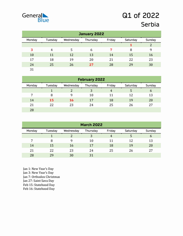 Quarterly Calendar 2022 with Serbia Holidays