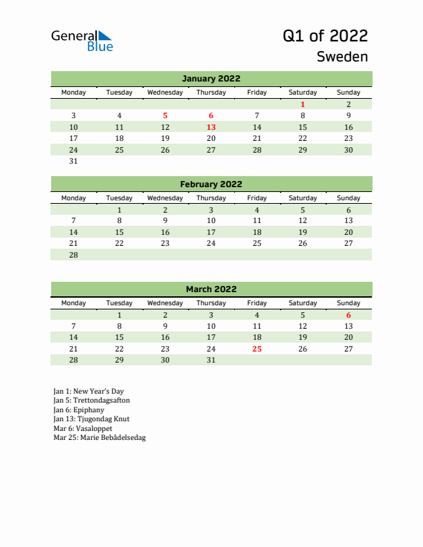 Quarterly Calendar 2022 with Sweden Holidays