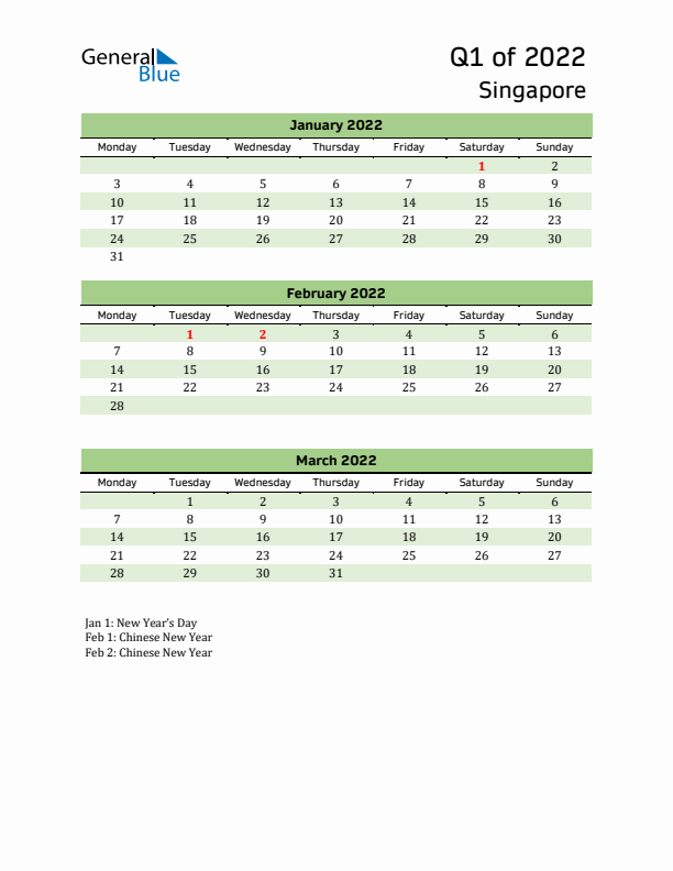 Quarterly Calendar 2022 with Singapore Holidays