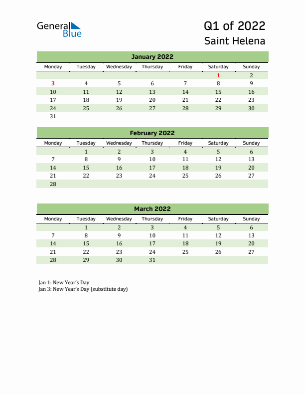 Quarterly Calendar 2022 with Saint Helena Holidays