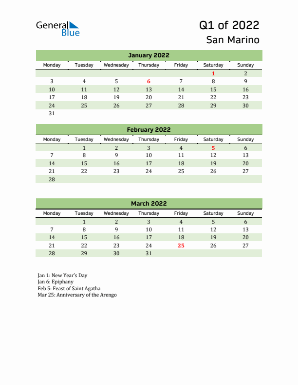 Quarterly Calendar 2022 with San Marino Holidays