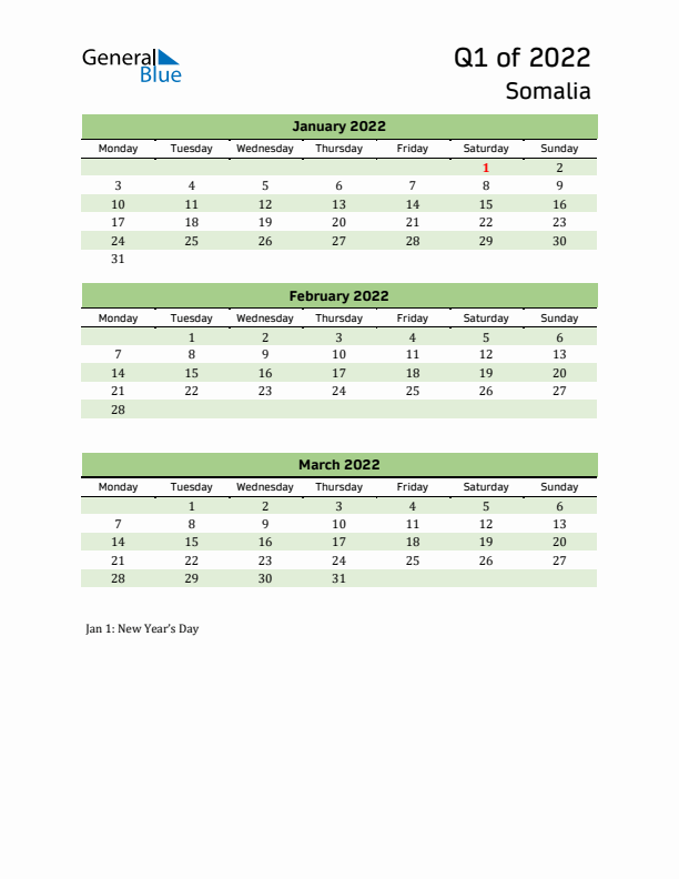 Quarterly Calendar 2022 with Somalia Holidays