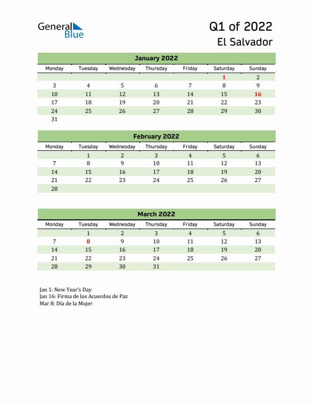 Quarterly Calendar 2022 with El Salvador Holidays