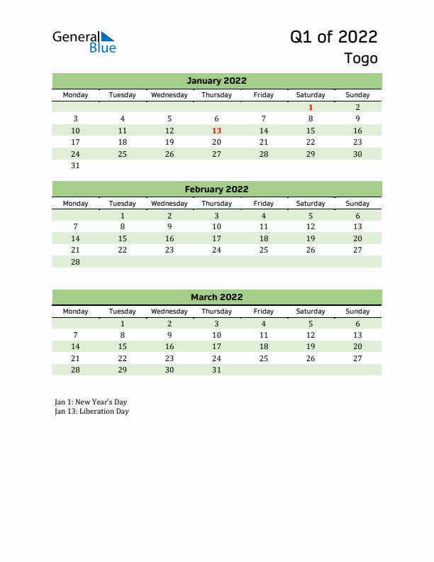 Quarterly Calendar 2022 with Togo Holidays