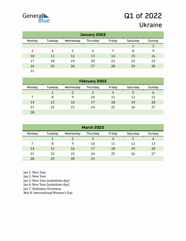 Quarterly Calendar 2022 with Ukraine Holidays