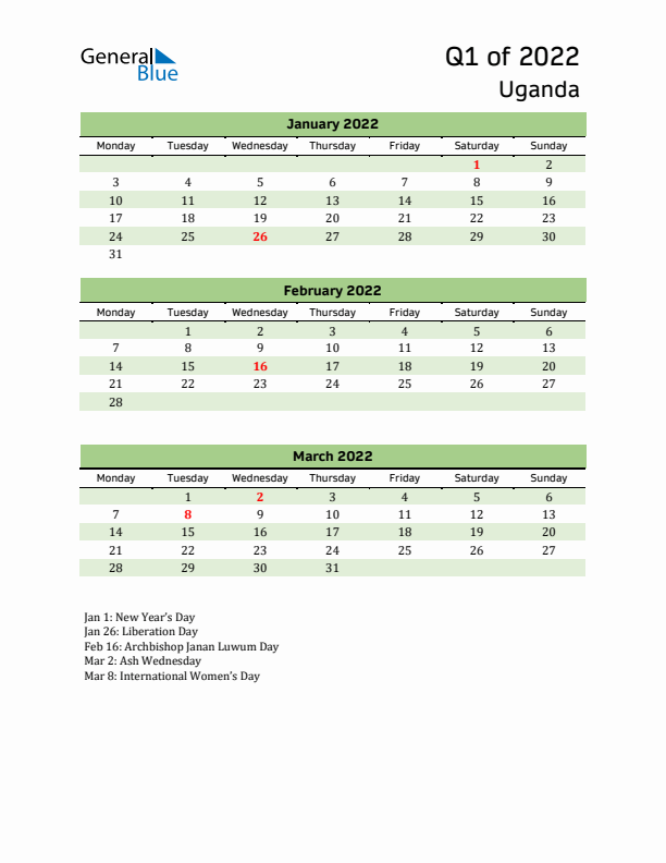 Quarterly Calendar 2022 with Uganda Holidays