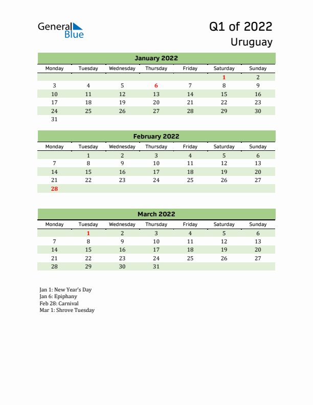 Quarterly Calendar 2022 with Uruguay Holidays