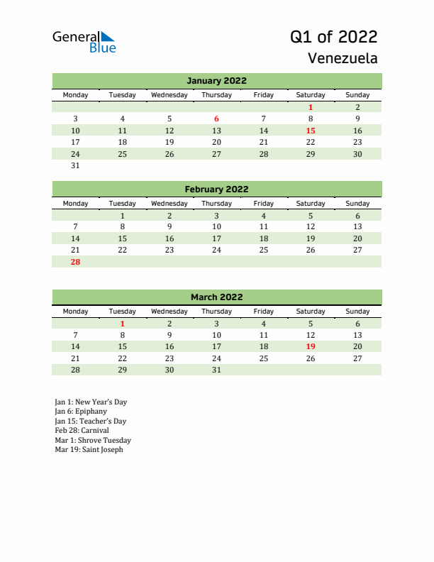 Quarterly Calendar 2022 with Venezuela Holidays