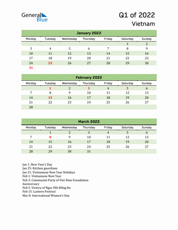 Quarterly Calendar 2022 with Vietnam Holidays