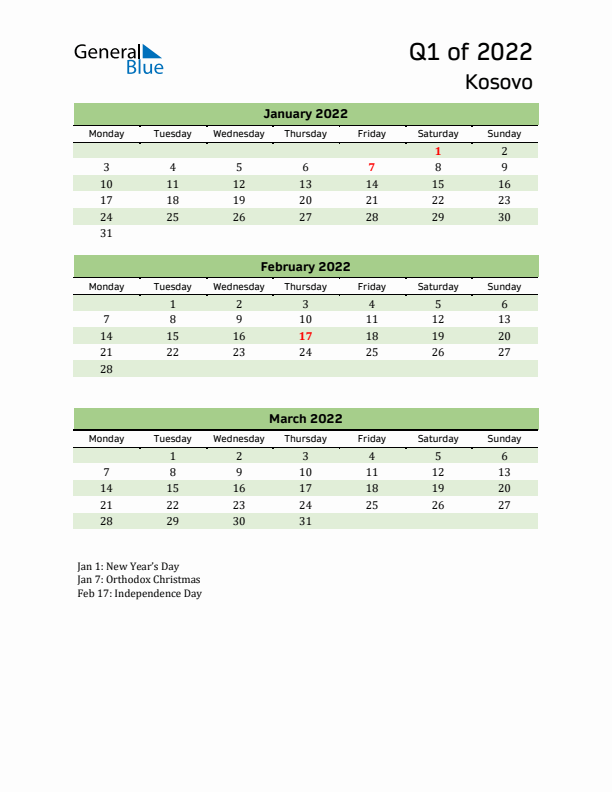 Quarterly Calendar 2022 with Kosovo Holidays