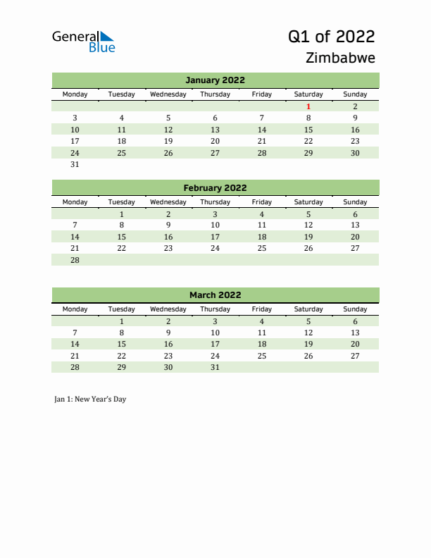 Quarterly Calendar 2022 with Zimbabwe Holidays