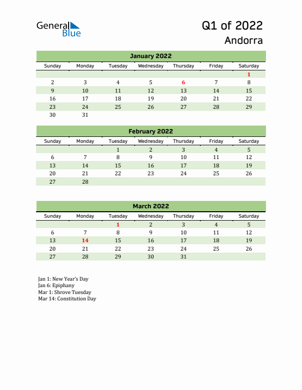 Quarterly Calendar 2022 with Andorra Holidays