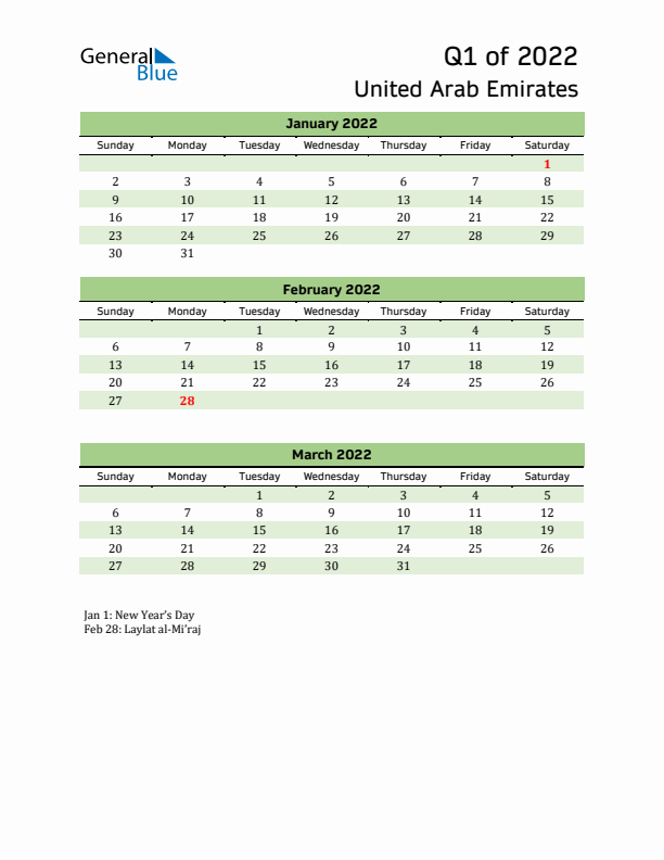 Quarterly Calendar 2022 with United Arab Emirates Holidays