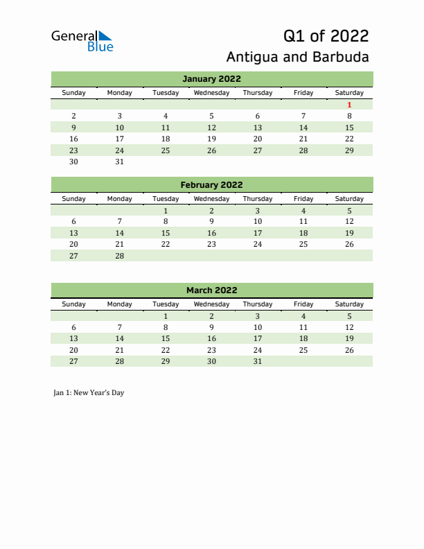 Quarterly Calendar 2022 with Antigua and Barbuda Holidays