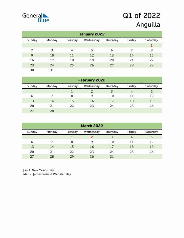 Quarterly Calendar 2022 with Anguilla Holidays