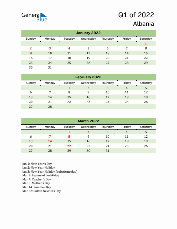 Quarterly Calendar 2022 with Albania Holidays