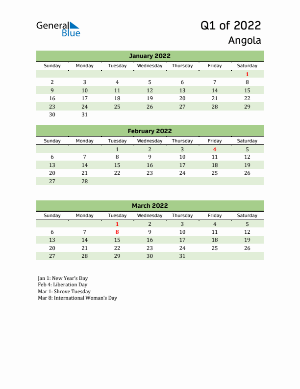 Quarterly Calendar 2022 with Angola Holidays