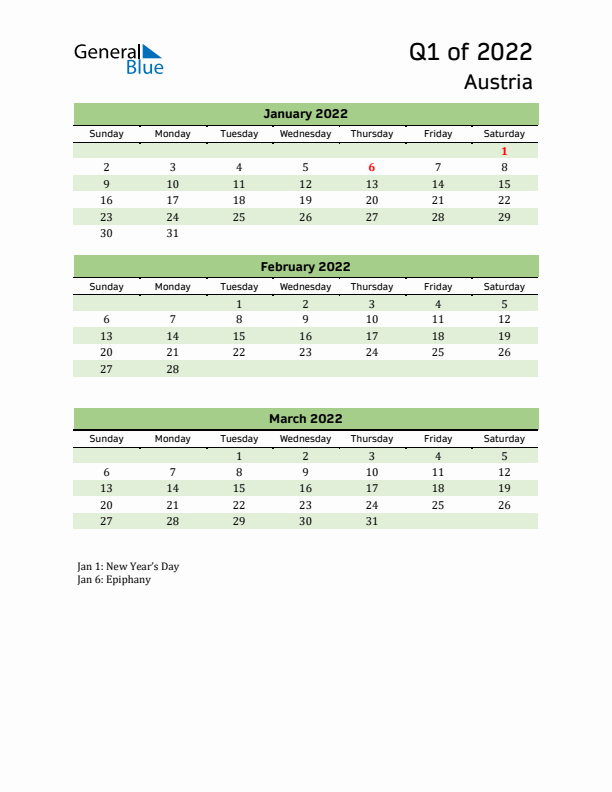 Quarterly Calendar 2022 with Austria Holidays