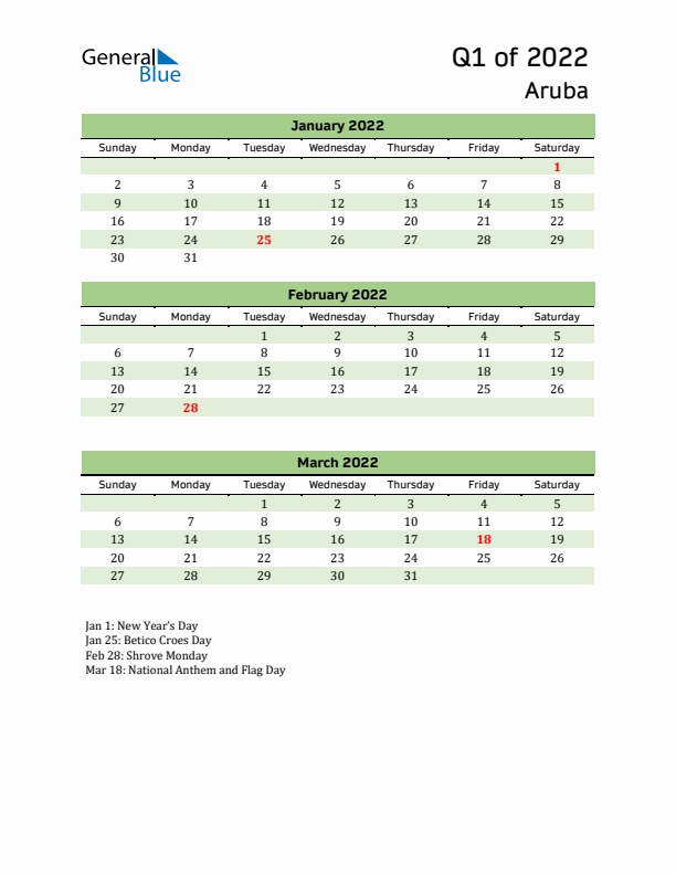 Quarterly Calendar 2022 with Aruba Holidays