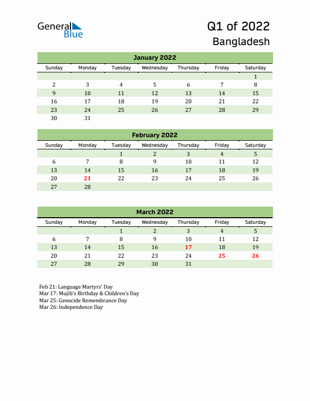 Quarterly Calendar 2022 with Bangladesh Holidays