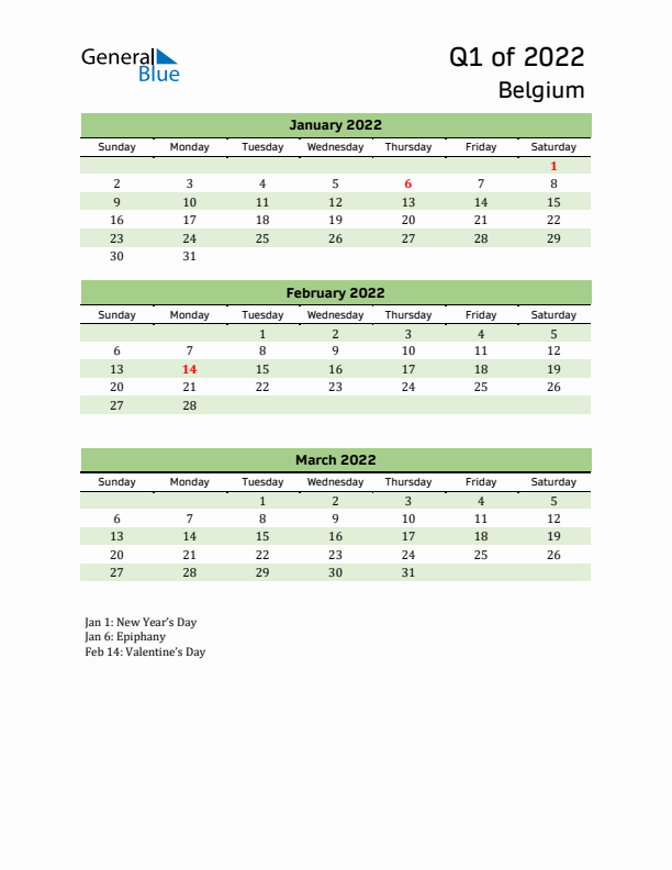 Quarterly Calendar 2022 with Belgium Holidays