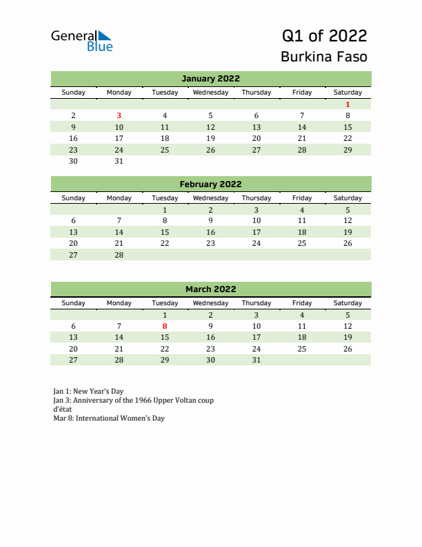 Quarterly Calendar 2022 with Burkina Faso Holidays