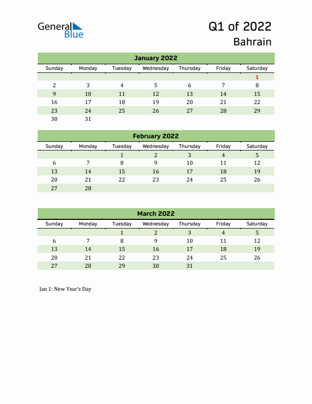 Quarterly Calendar 2022 with Bahrain Holidays