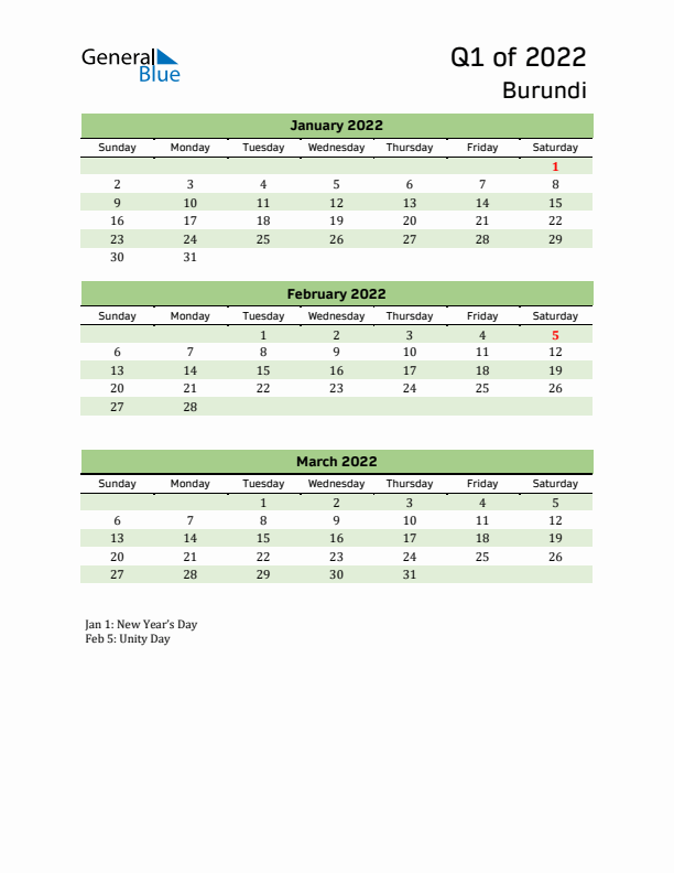 Quarterly Calendar 2022 with Burundi Holidays