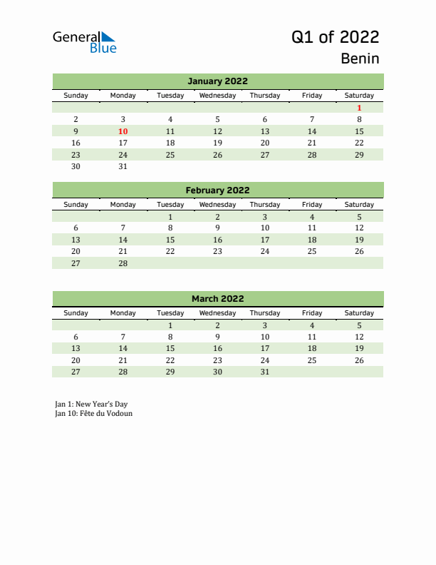 Quarterly Calendar 2022 with Benin Holidays