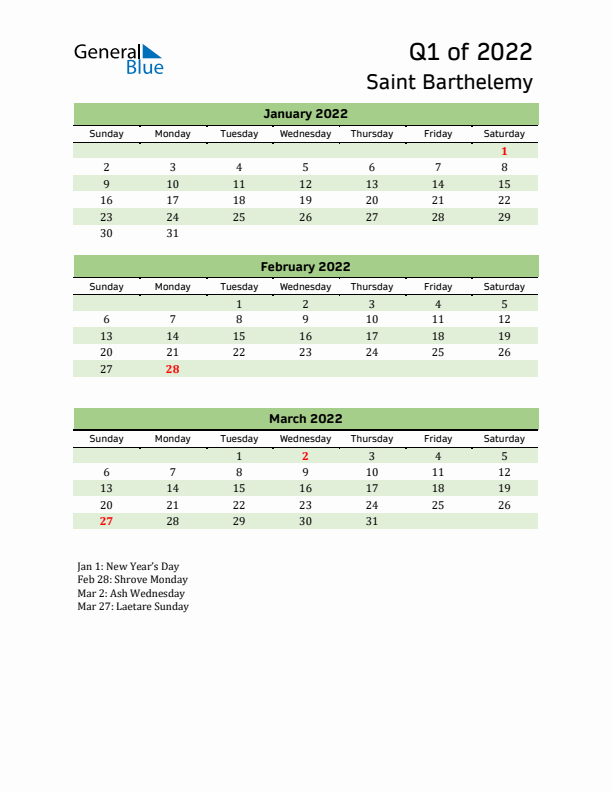 Quarterly Calendar 2022 with Saint Barthelemy Holidays