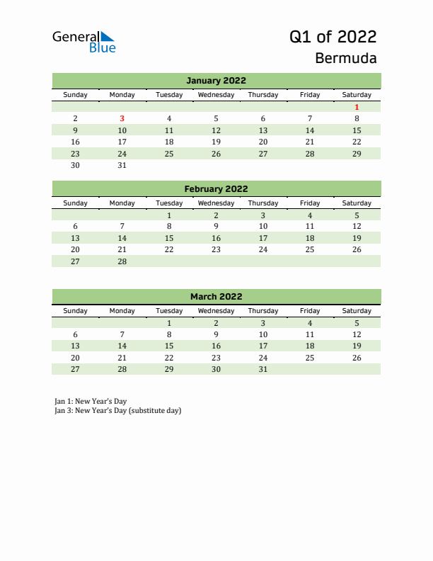 Quarterly Calendar 2022 with Bermuda Holidays