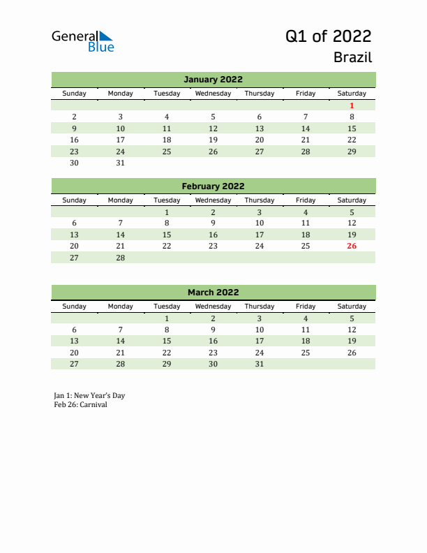 Quarterly Calendar 2022 with Brazil Holidays