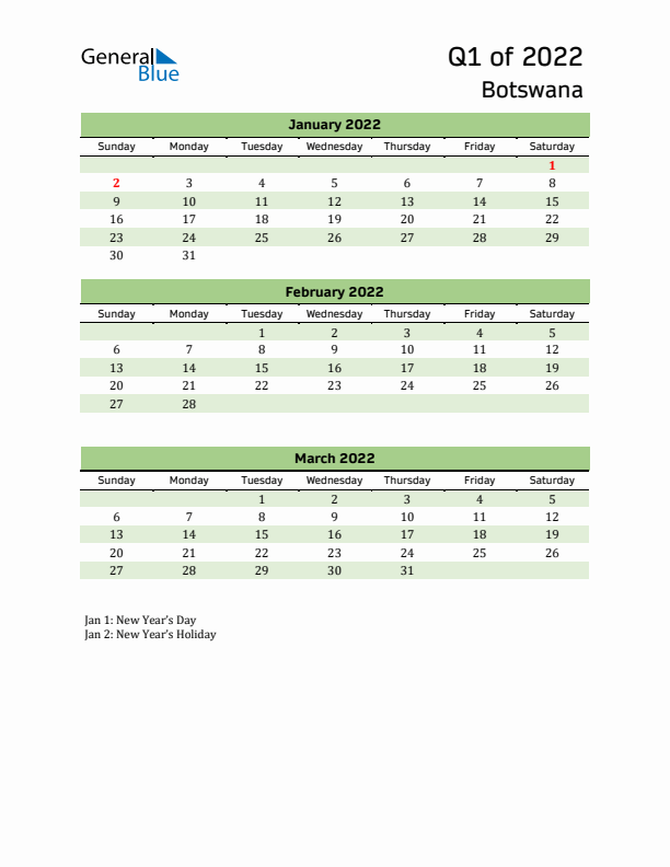 Quarterly Calendar 2022 with Botswana Holidays