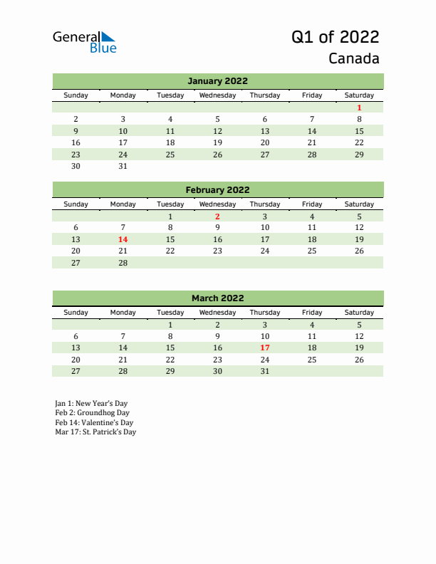 Quarterly Calendar 2022 with Canada Holidays