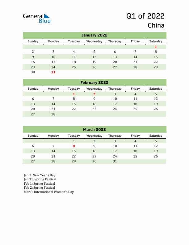 Quarterly Calendar 2022 with China Holidays