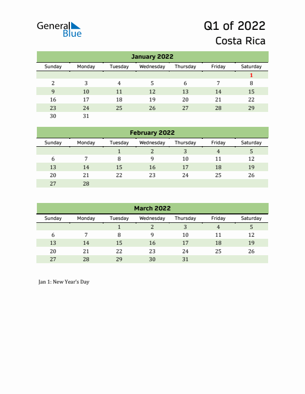 Quarterly Calendar 2022 with Costa Rica Holidays