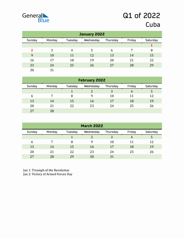 Quarterly Calendar 2022 with Cuba Holidays