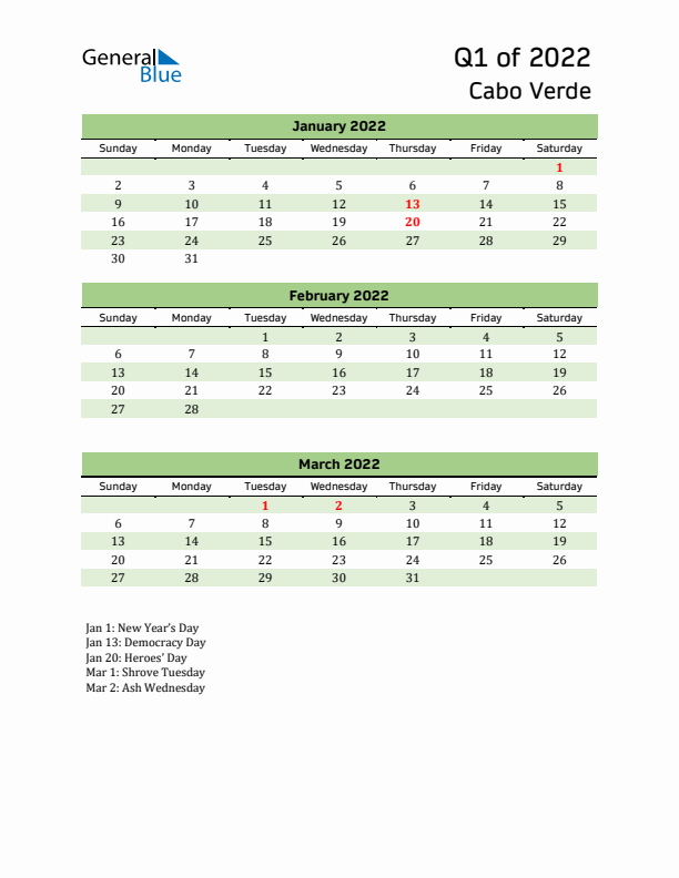 Quarterly Calendar 2022 with Cabo Verde Holidays