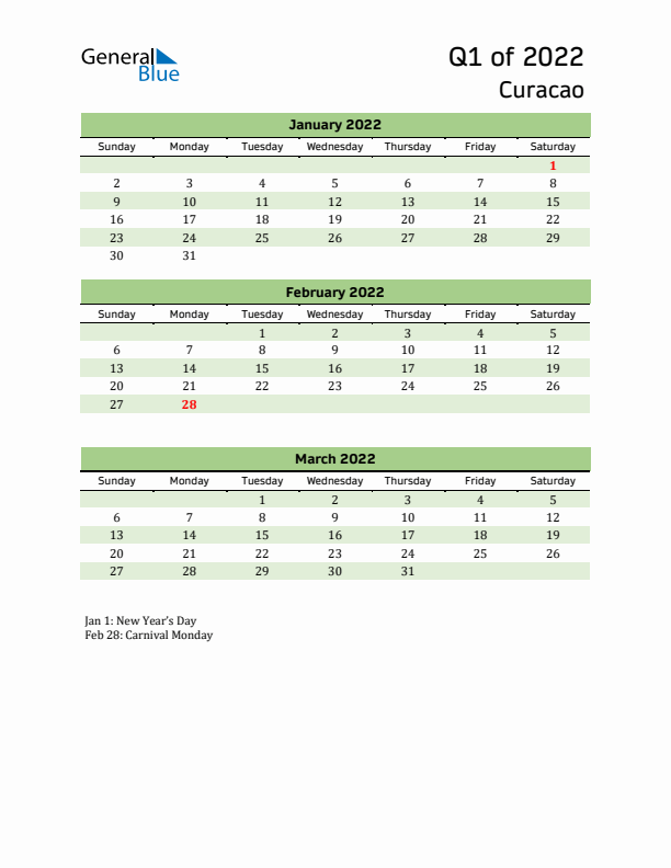 Quarterly Calendar 2022 with Curacao Holidays