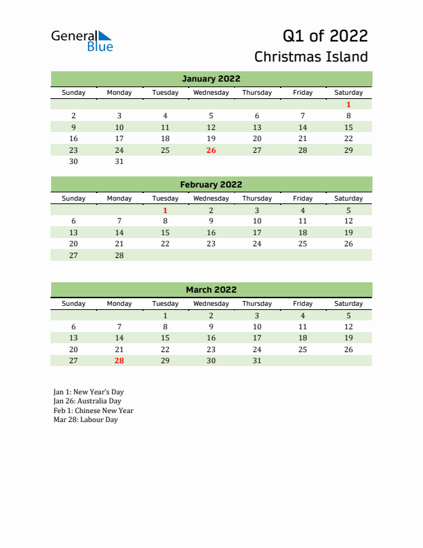 Quarterly Calendar 2022 with Christmas Island Holidays