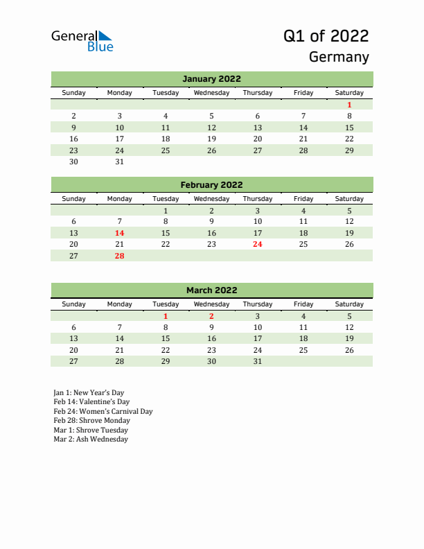 Quarterly Calendar 2022 with Germany Holidays