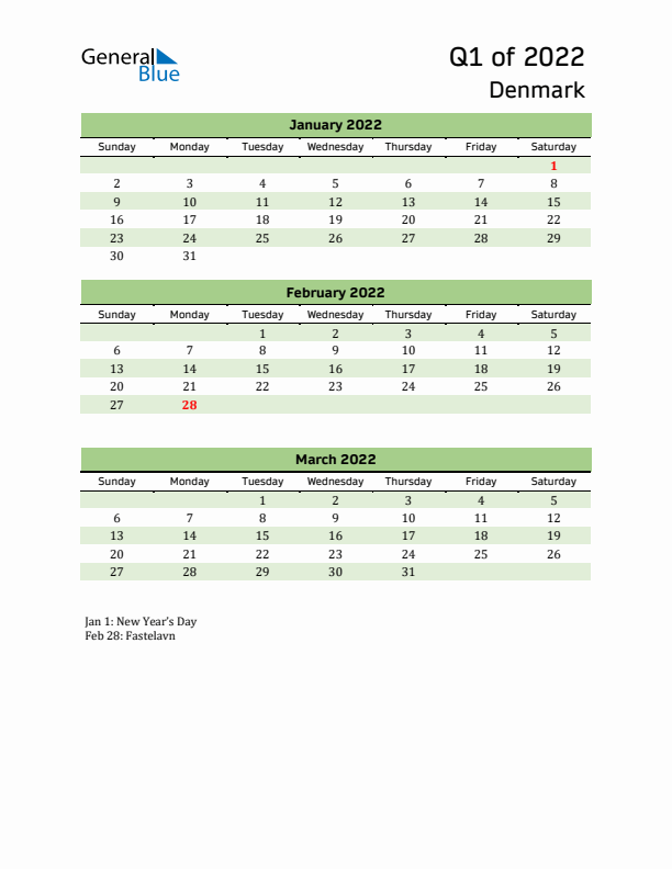 Quarterly Calendar 2022 with Denmark Holidays