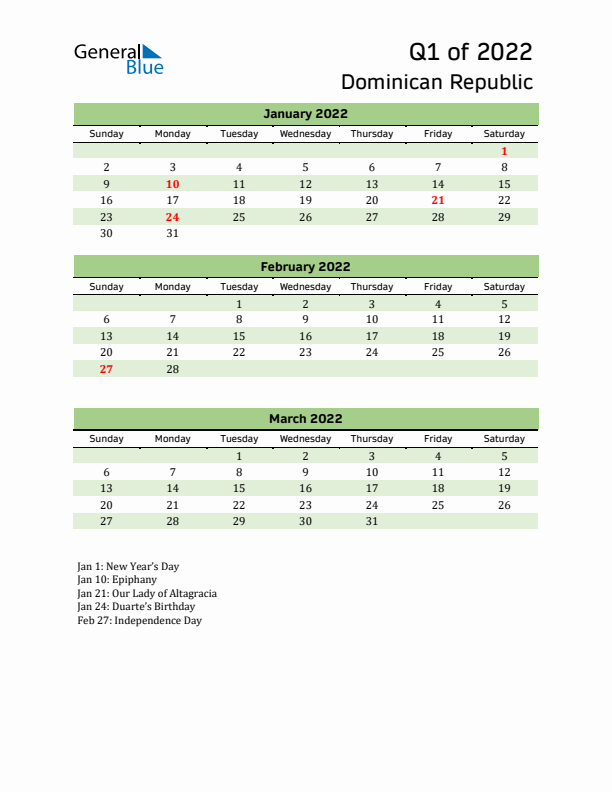 Quarterly Calendar 2022 with Dominican Republic Holidays